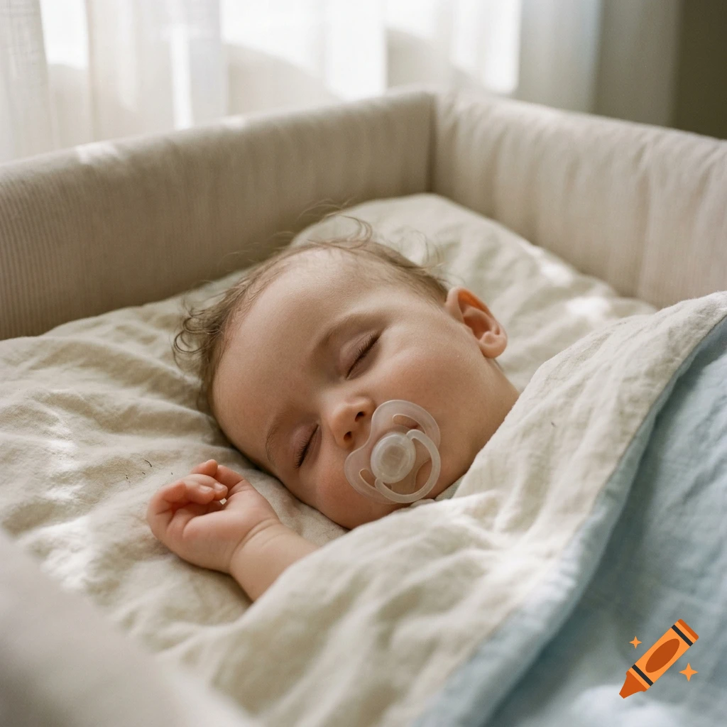 Close-up photorealistic shot of a sleeping baby with a pacifier in a crib under a light blanket.