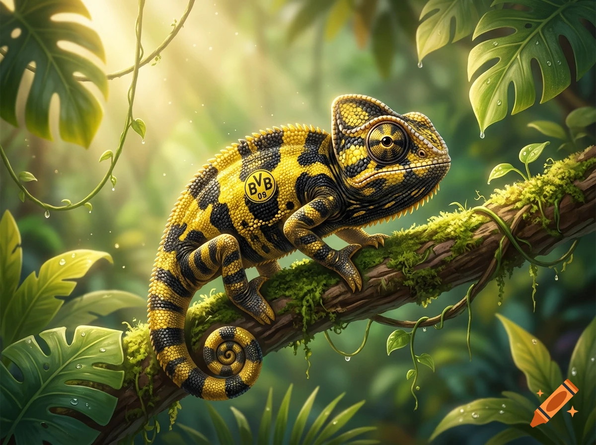 A cute chameleon with yellow and black BVB colors and logo perched on a mossy branch in a lush tropical jungle.
