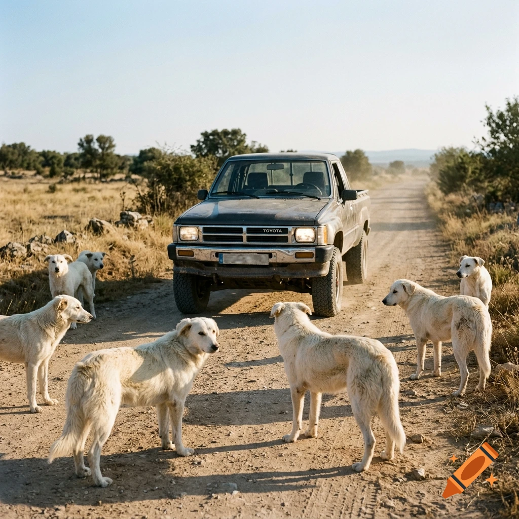 A dark pickup truck on a dirt road surrounded by multiple white dogs during daylight, photorealistic.