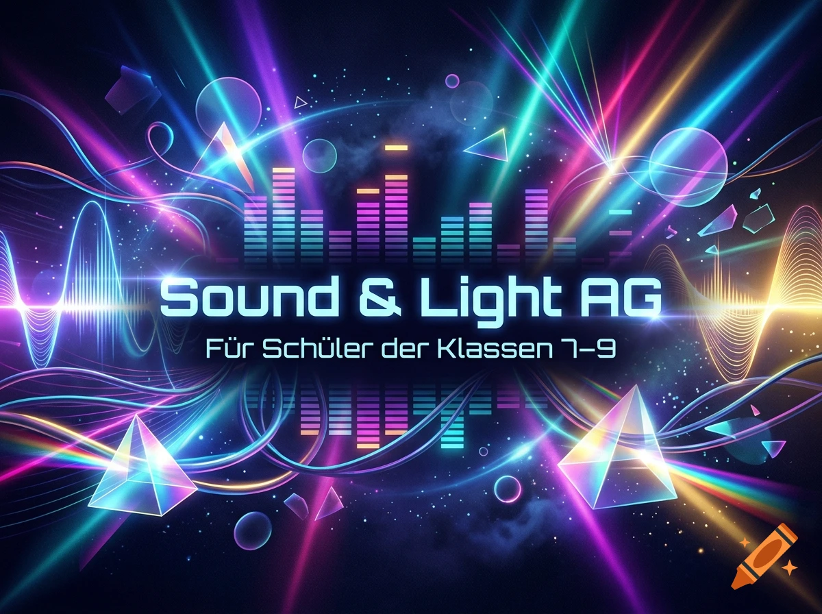 Abstract digital poster for Sound and Light AG with glowing sound waves, light rays, and geometric prisms on a dark background.