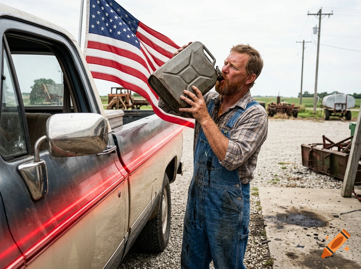 Photorealistic image of a man in overalls drinking from a fuel can next to a pickup truck with an American flag.