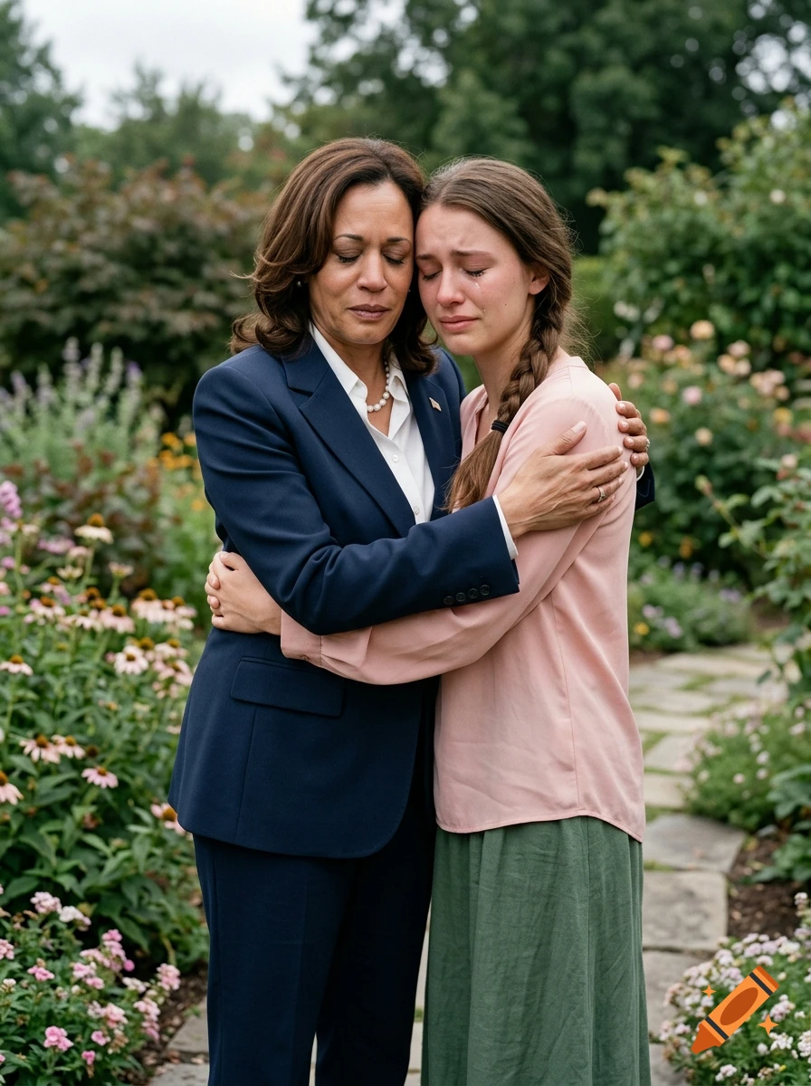Photorealistic image of Kamala Harris hugging a weeping young woman in a garden.