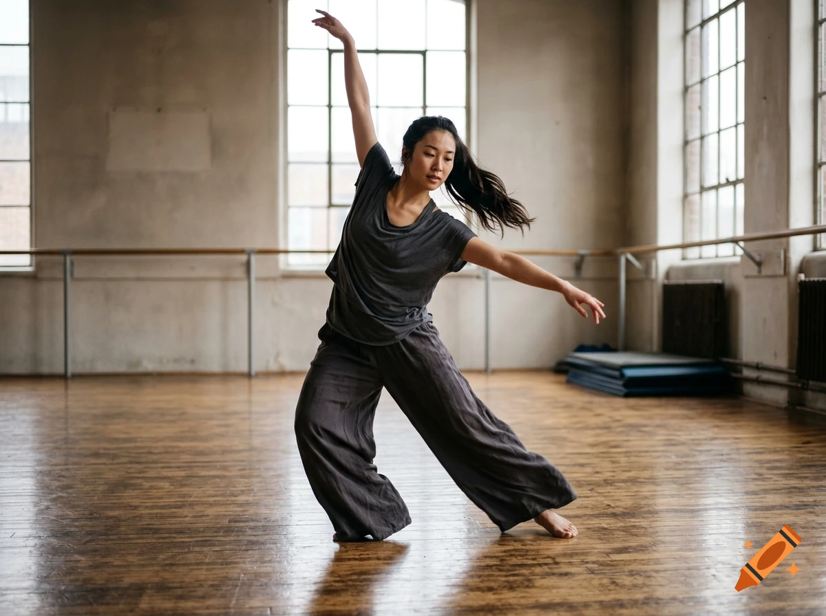 A female dancer in dark clothing performs a contemporary dance pose in a spacious studio with wooden floors and large windows.