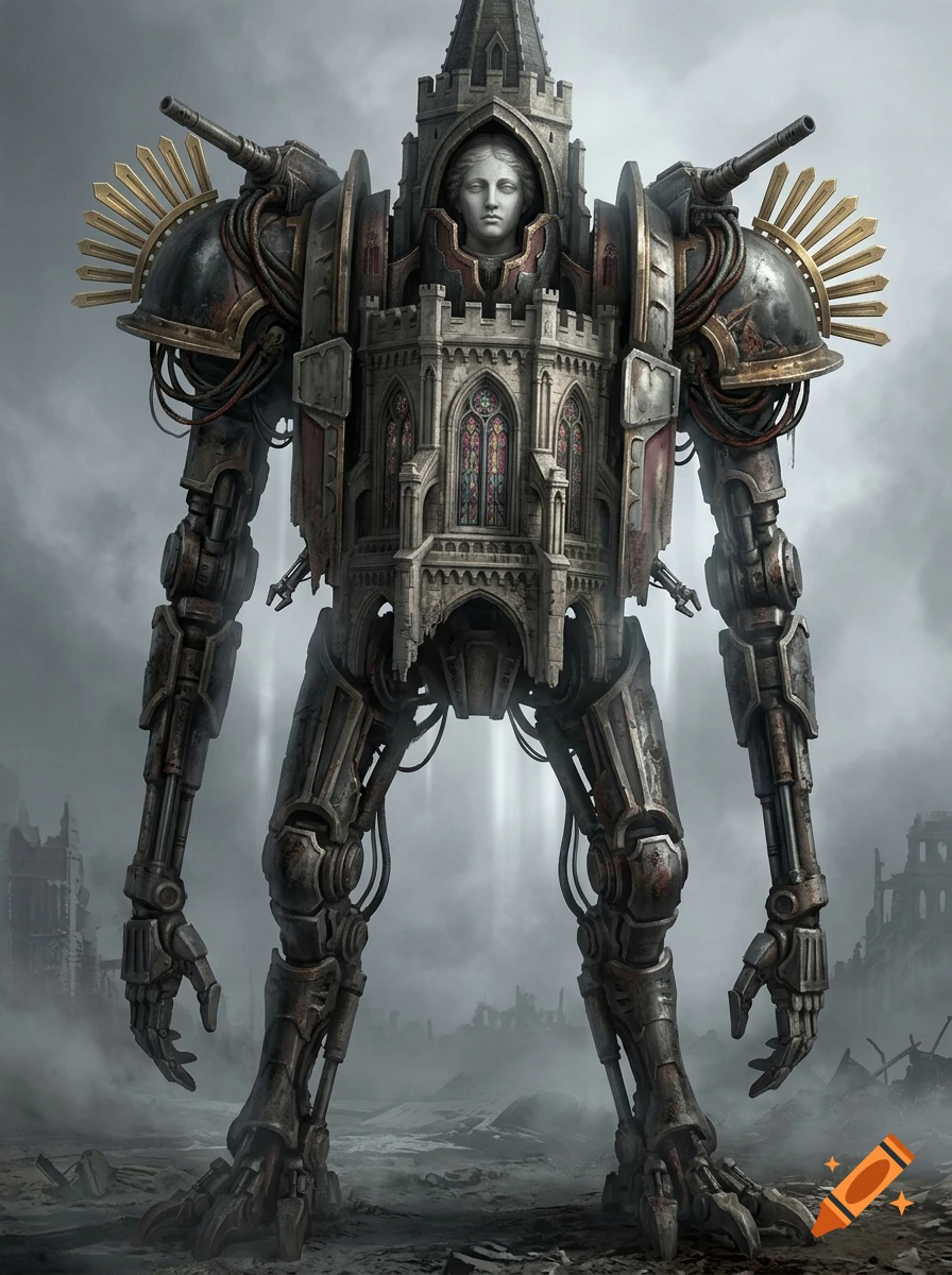 Concept art of a colossal gothic mecha robot resembling a cathedral with a marble face for a head, standing in a ruined landscape.