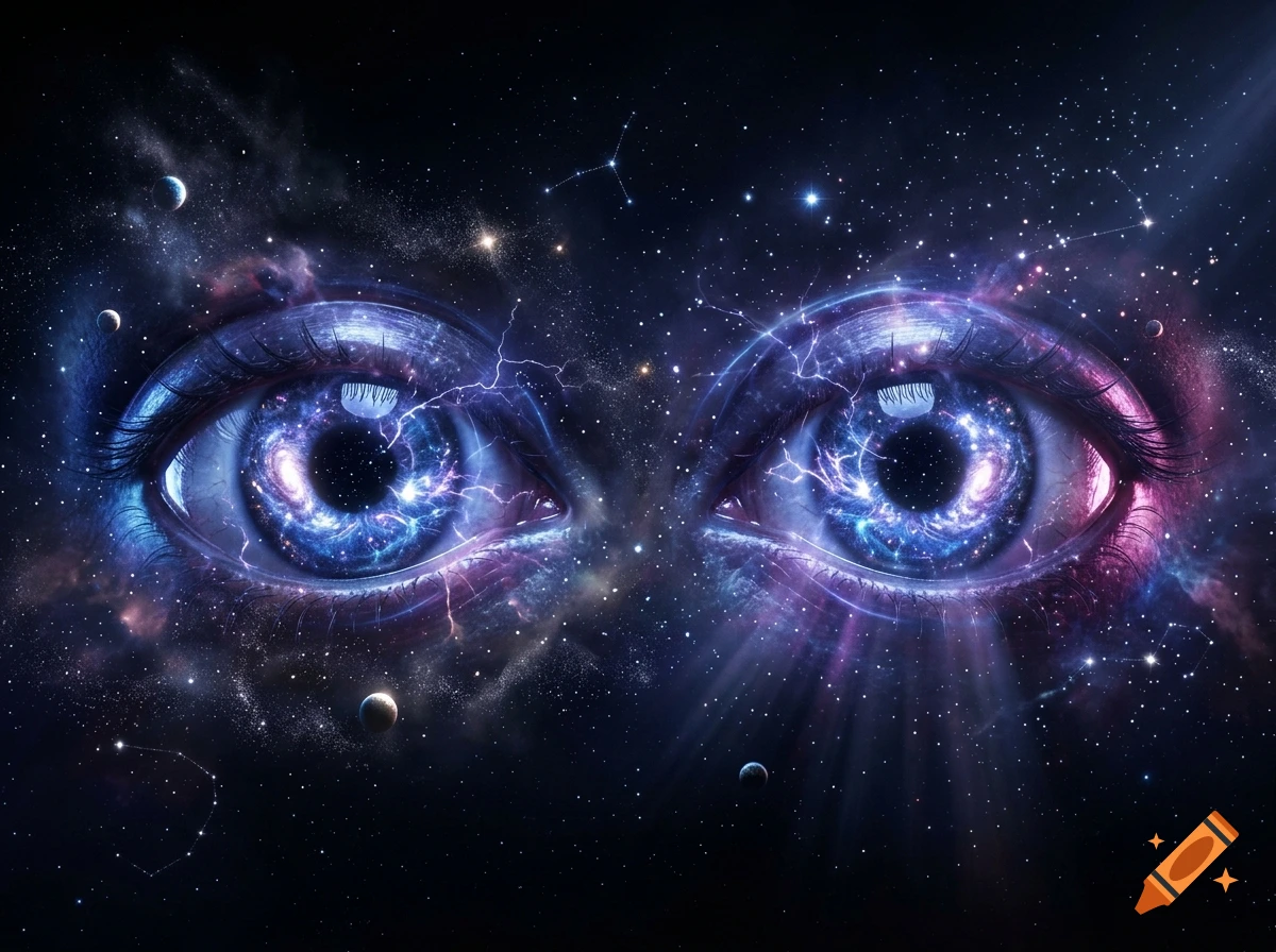 Close-up of human eyes filled with galaxies, glowing nebulas, stars, and celestial lightning in a cosmic space background.