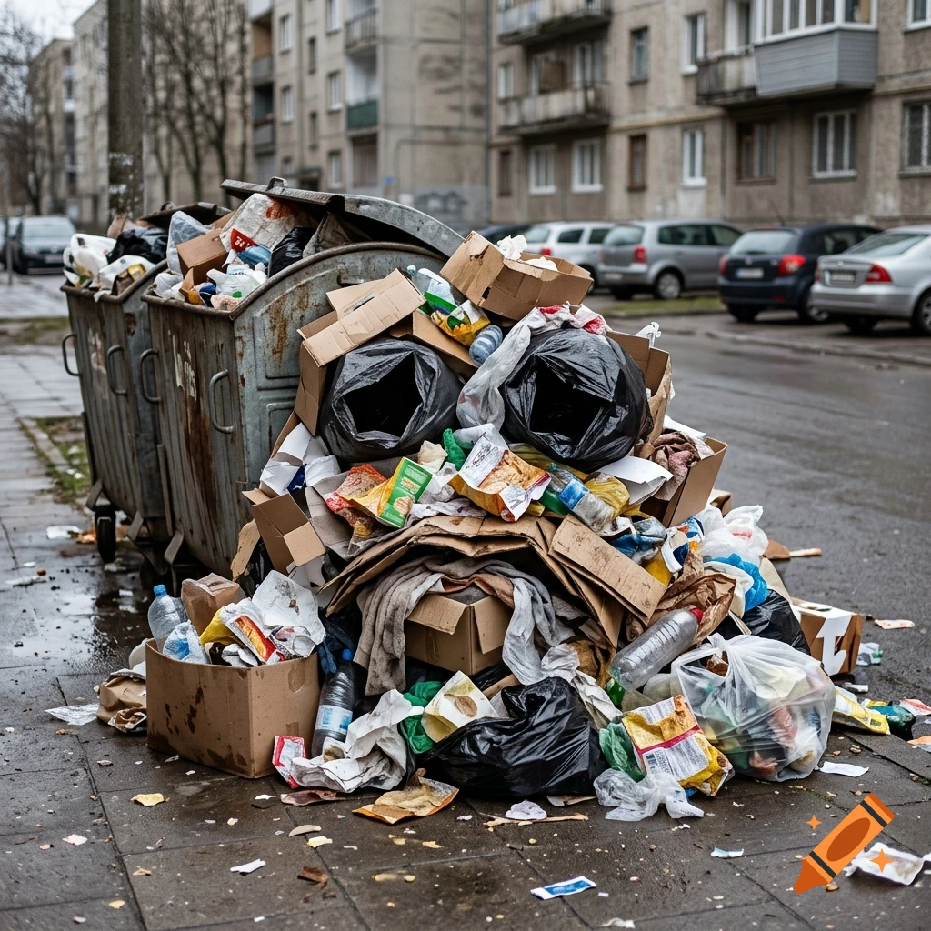 Photorealistic image of a large pile of garbage bags and cardboard boxes shaped like a sad face next to dumpsters in an urban setting.