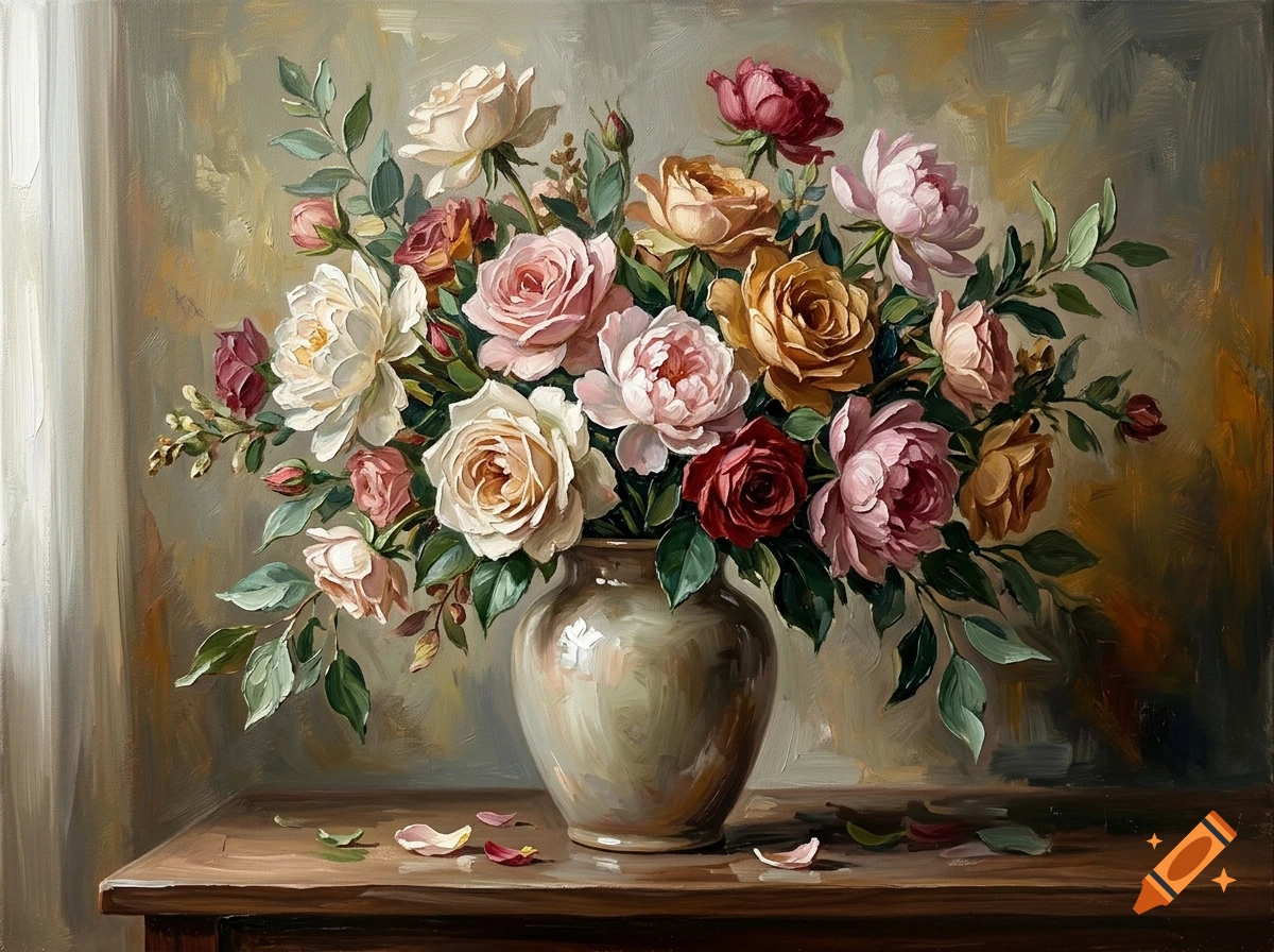 An impasto oil painting of a bouquet of colorful roses and peonies in a ceramic vase on a wooden table.