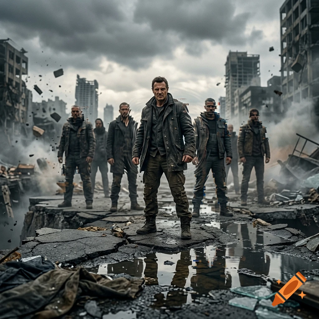 A group of survivors in tactical gear standing amidst the ruins of a destroyed city under a cloudy sky, photorealistic style.