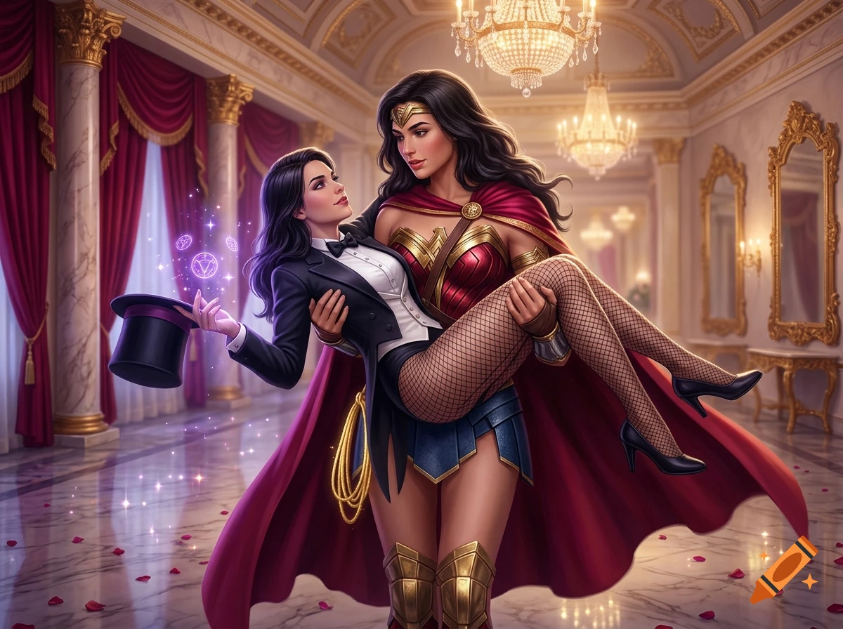 Wonder Woman carrying Zatanna in her arms in an elegant ballroom with chandeliers, digital art style.