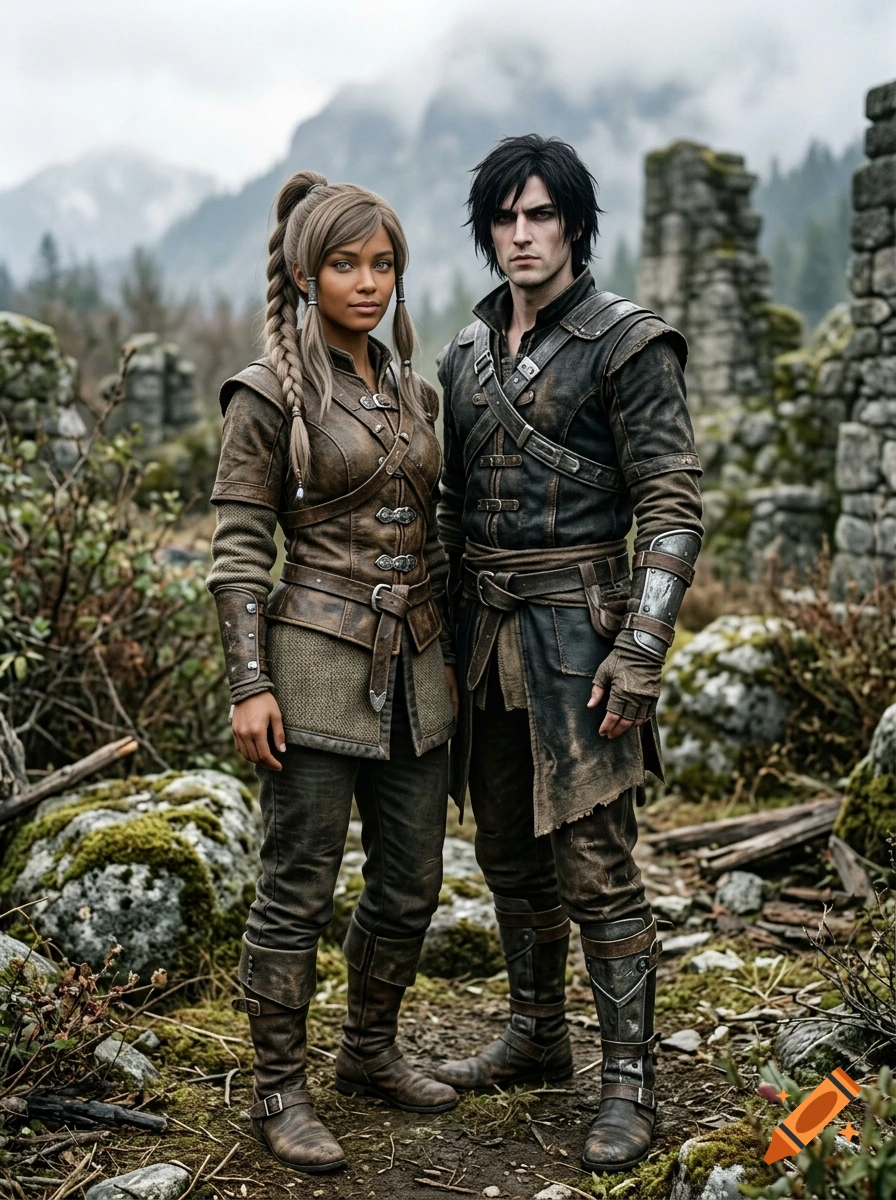 Photorealistic full-body portrait of a fantasy man and woman in leather armor standing in a ruined landscape with mountains in the background.
