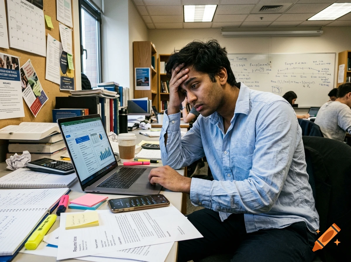 A stressed student sitting at a desk with a laptop, looking overwhelmed by work.