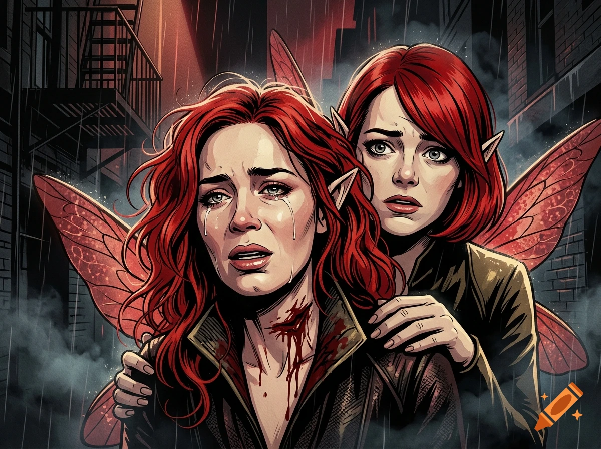 Comic book style close-up of a crying red-haired fairy with a wounded throat held from behind by another distraught fairy in the rain.