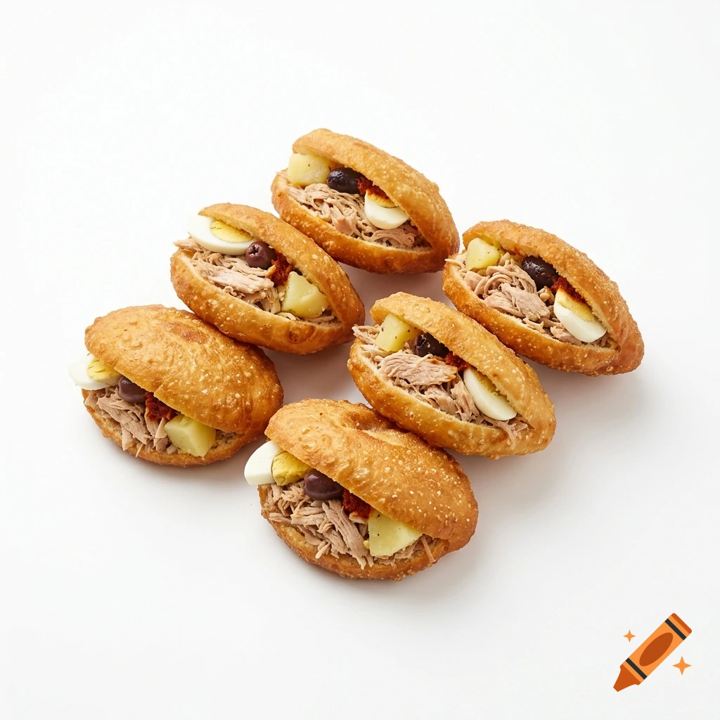 Several fried Tunisian fricasse sandwiches filled with tuna, boiled egg slices, potatoes, and black olives, arranged on a plain white background.