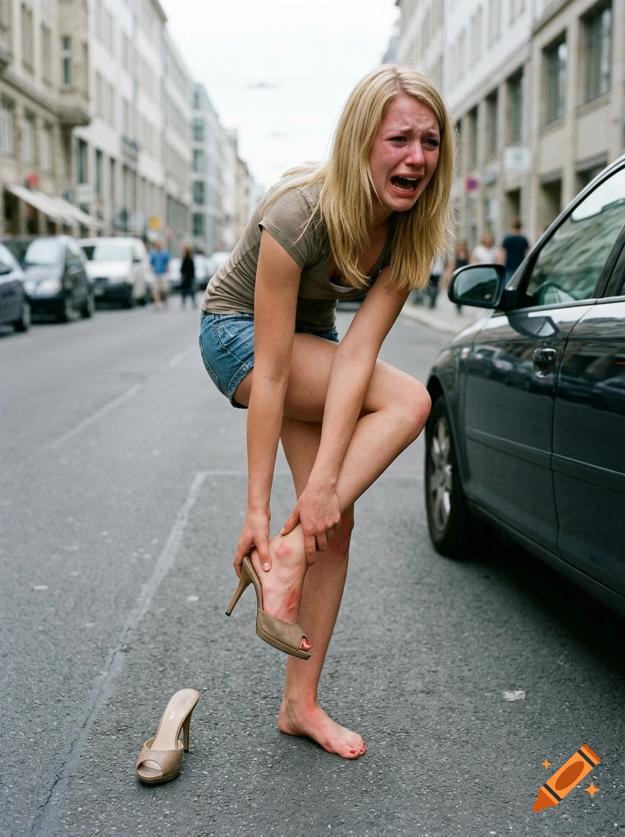 Photorealistic image of a crying blonde woman in shorts and heels on a city street, holding her foot in pain.