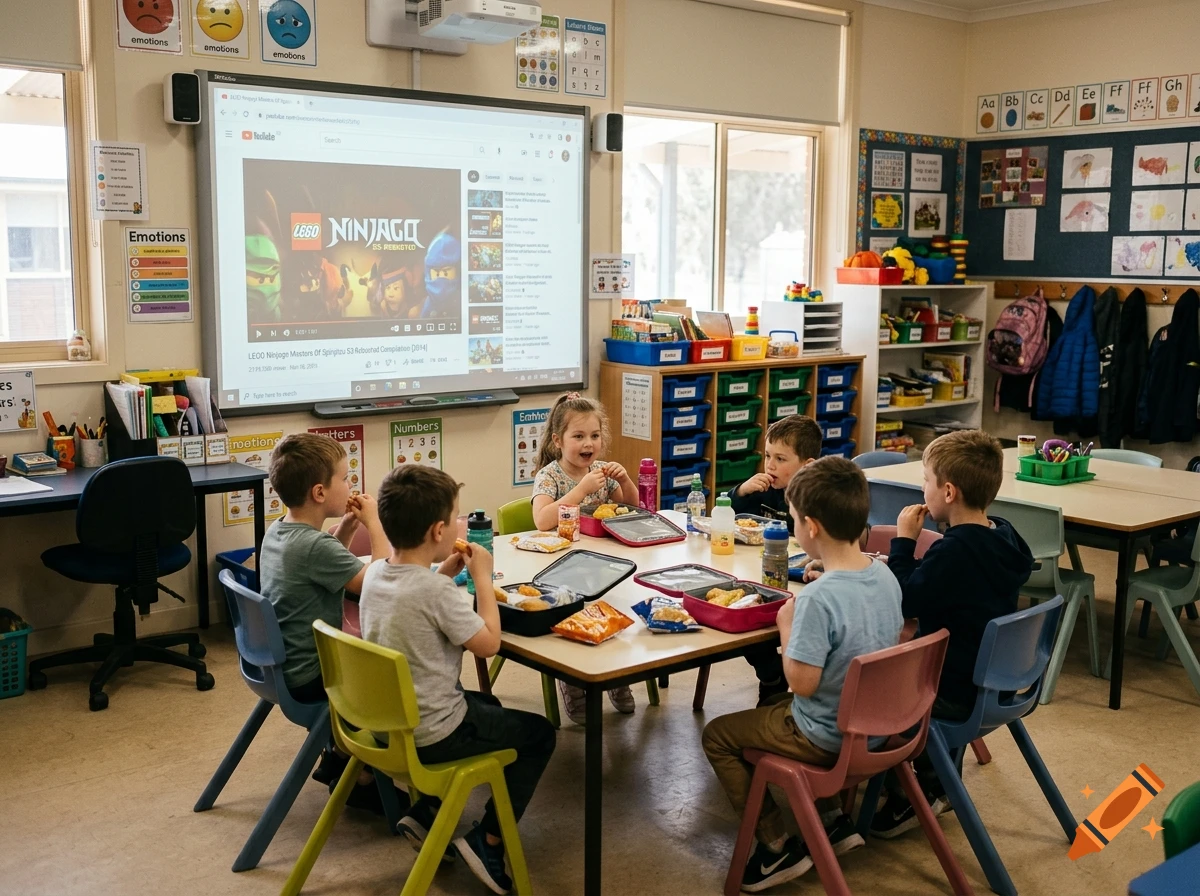 Children sitting around a table in a classroom eating lunch while watching a video on a whiteboard.