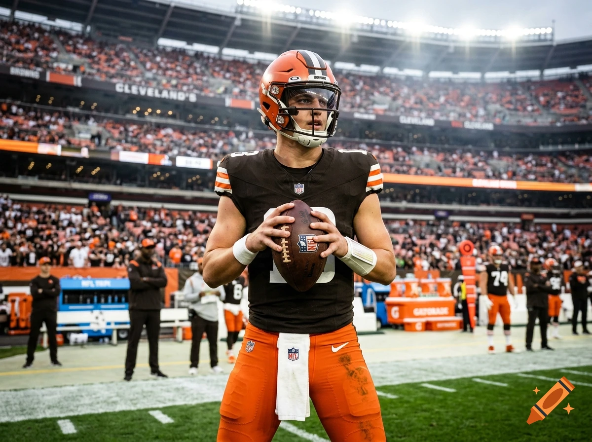 Photorealistic medium shot of a football quarterback wearing a brown and orange jersey and helmet on a stadium field.