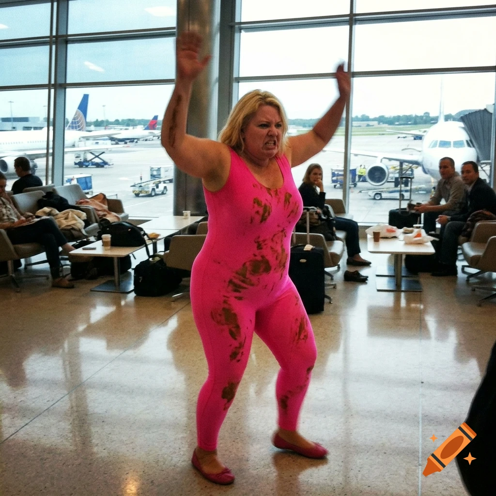 A blonde woman in a pink bodysuit with muddy stains angrily dances in an airport lounge with airplanes outside.