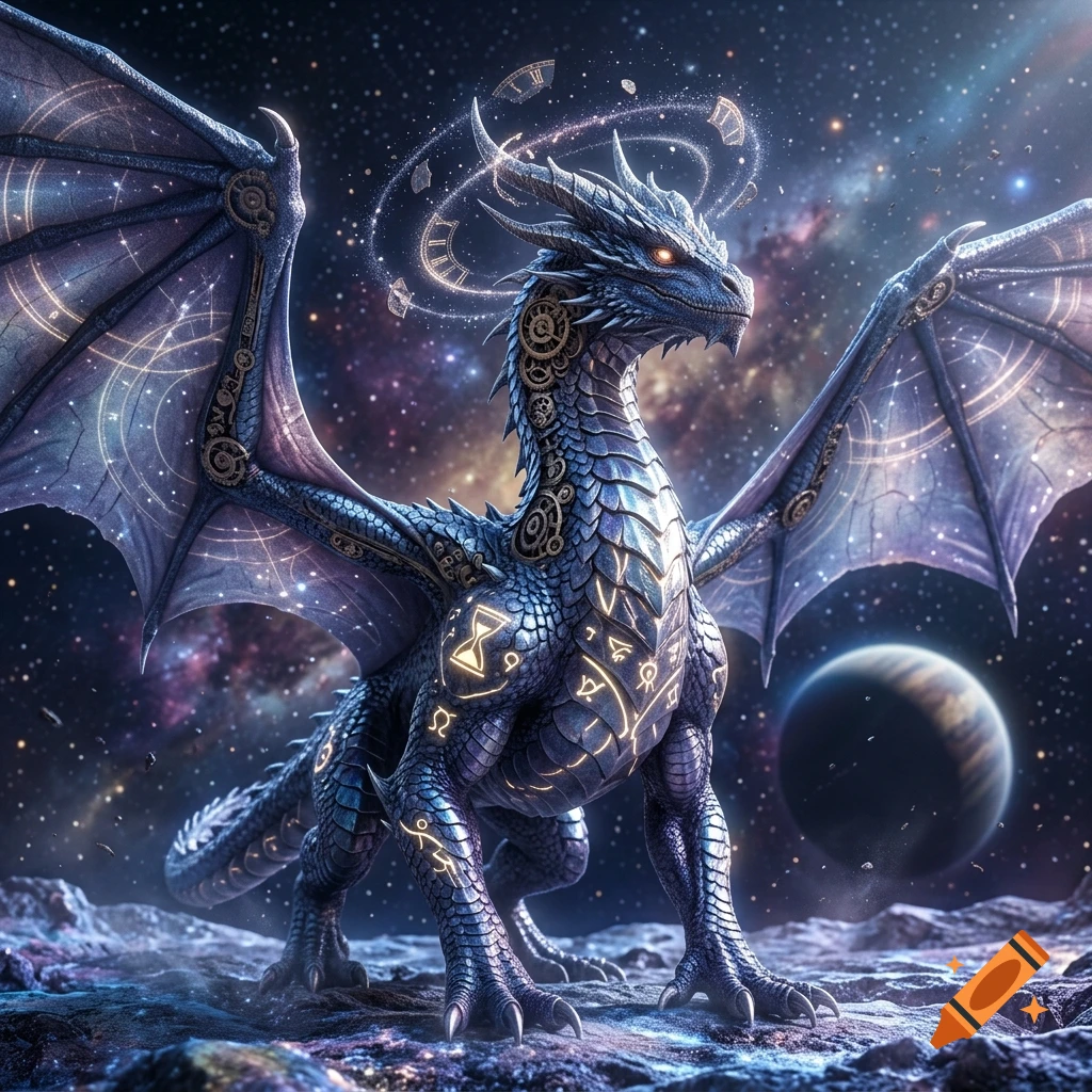 A cosmic blue dragon with mechanical clockwork details and glowing runes standing on a rocky moon surface with a planet and starry nebula in the background, digital art.