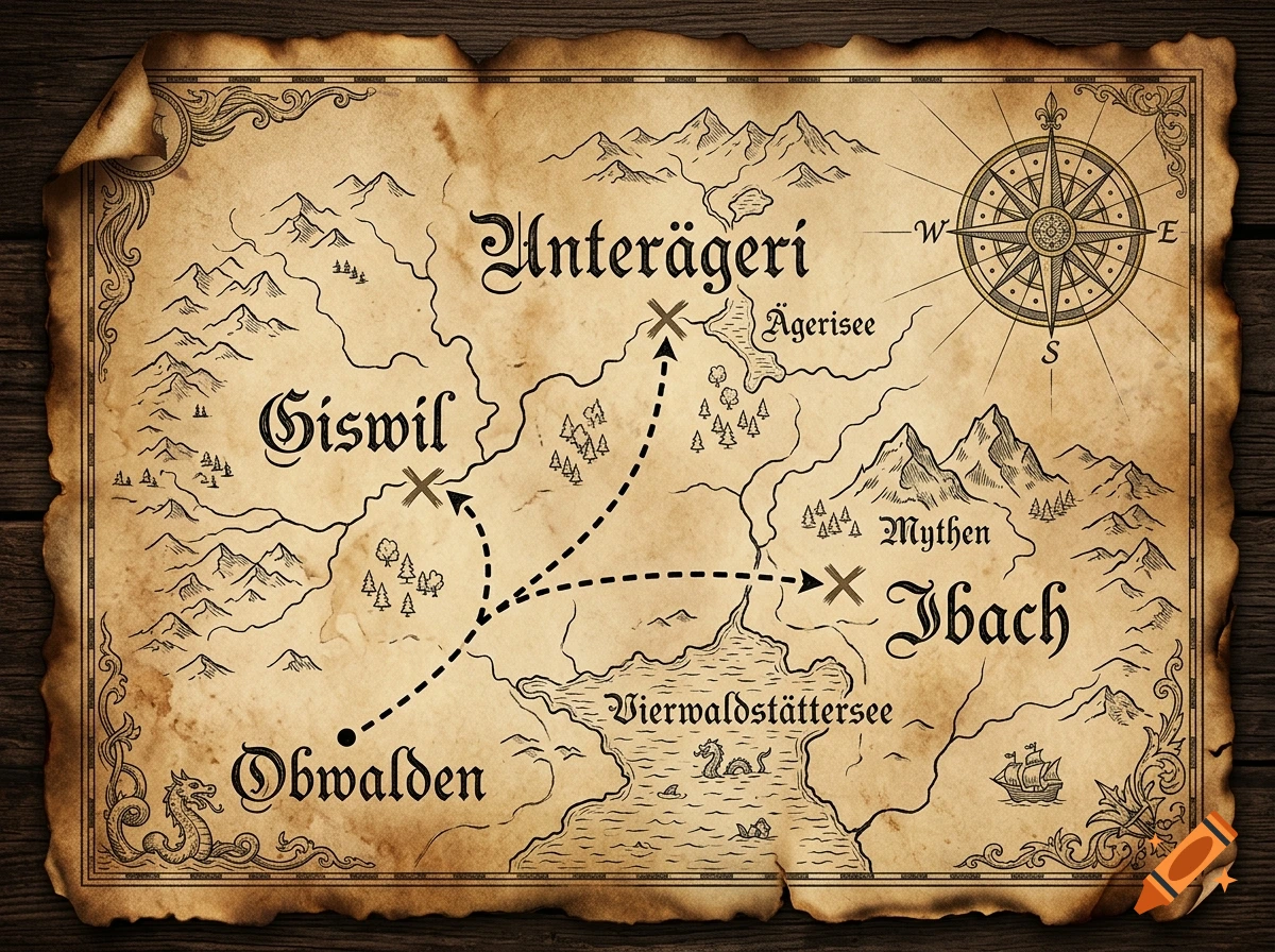 Vintage fantasy treasure map of the Swiss region on old parchment with burnt edges, compass rose, and place names.