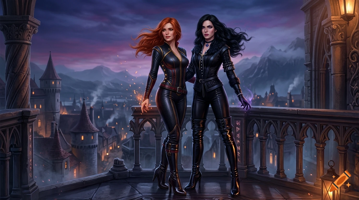 Two women in dark leather outfits standing on a stone balcony overlooking a medieval town at sunset.