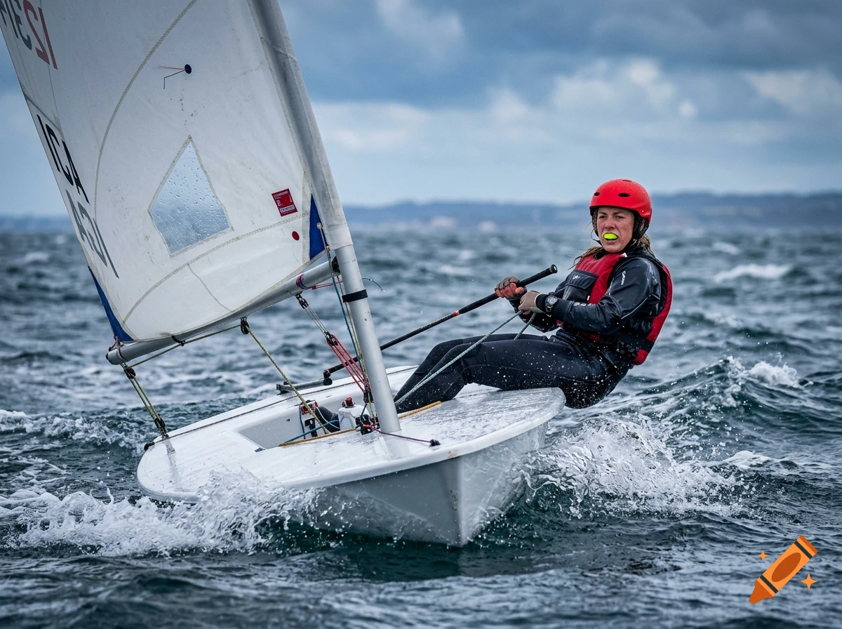 A female sailor in a drysuit and red helmet sailing an ILCA dinghy in choppy waters.