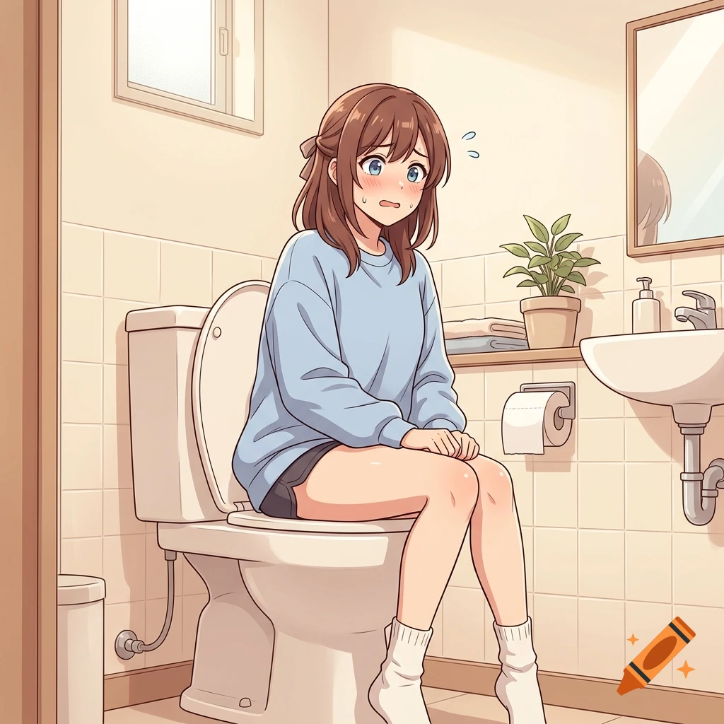 Anime style illustration of a sweating, anxious girl sitting on a toilet in a bathroom.