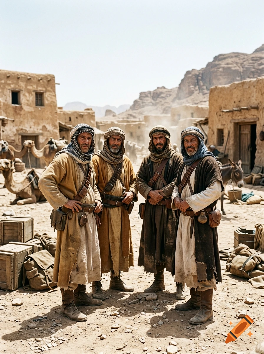 Four men in traditional clothing and headscarves stand together in a desert village with adobe buildings and camels.