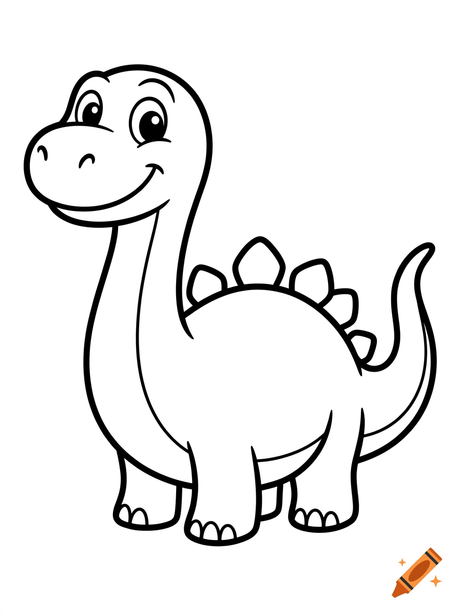 Black and white coloring book illustration of a friendly cute dinosaur with thick outlines on a white background.
