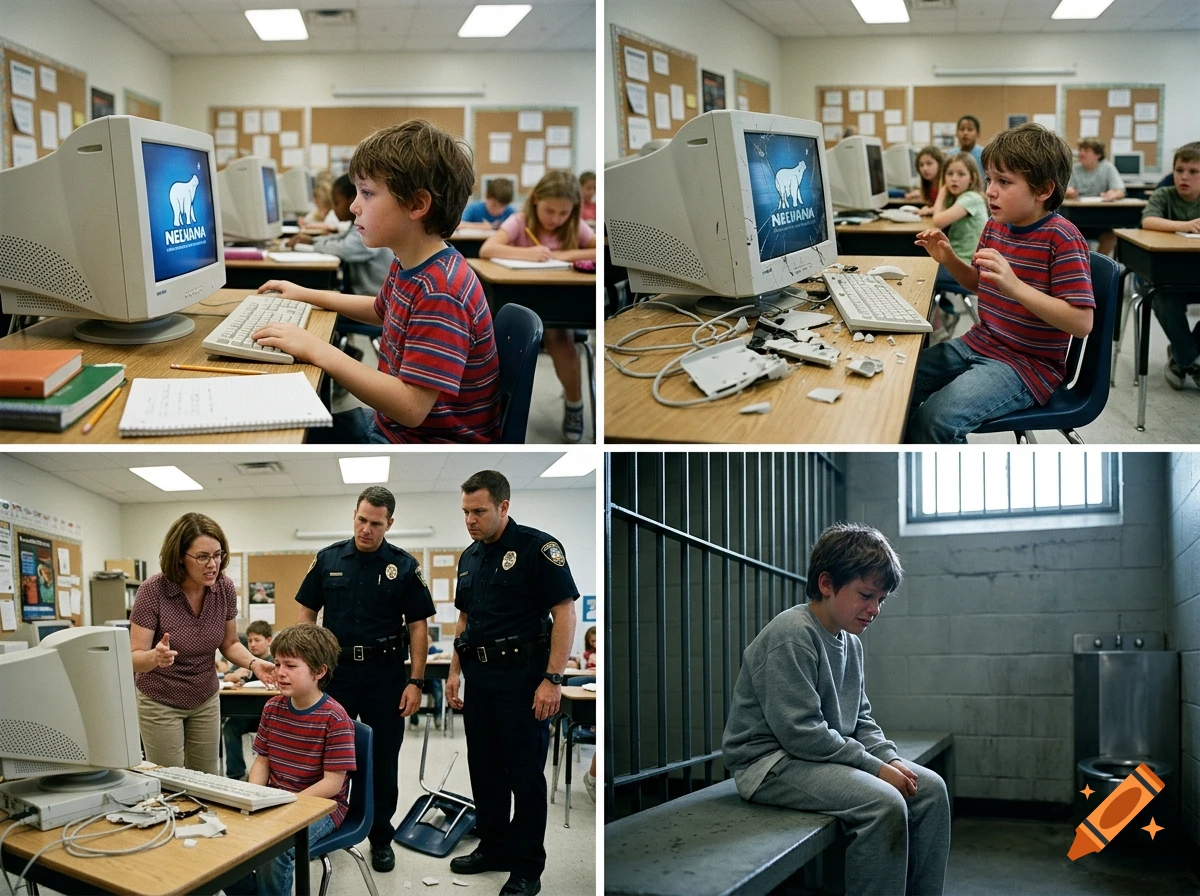 A four-panel photorealistic sequence showing a boy breaking a computer in a classroom, getting reprimanded, and sitting in a prison cell.