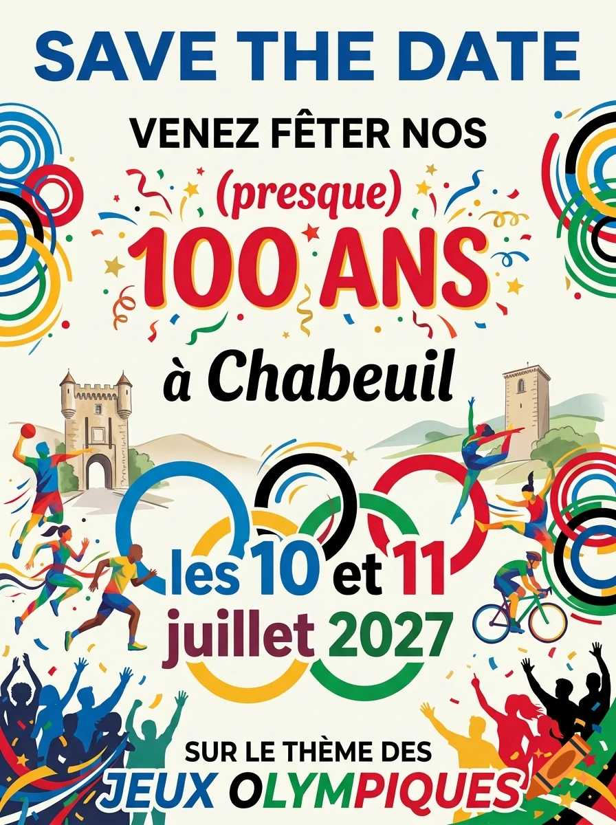 Save the date event poster for Olympic games in Chabeuil featuring colorful rings, athletes, and text.