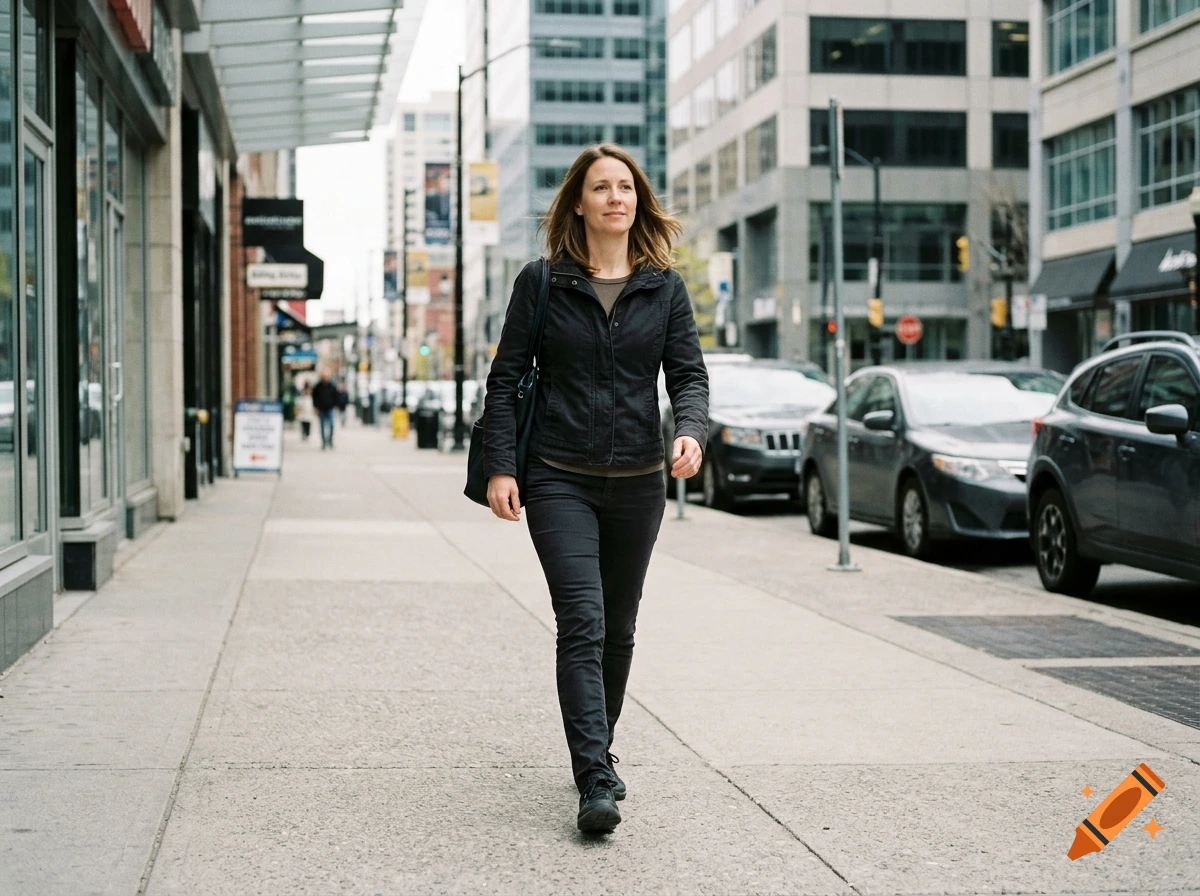 Photorealistic image of a woman walking on a city sidewalk with buildings and parked cars in the background.