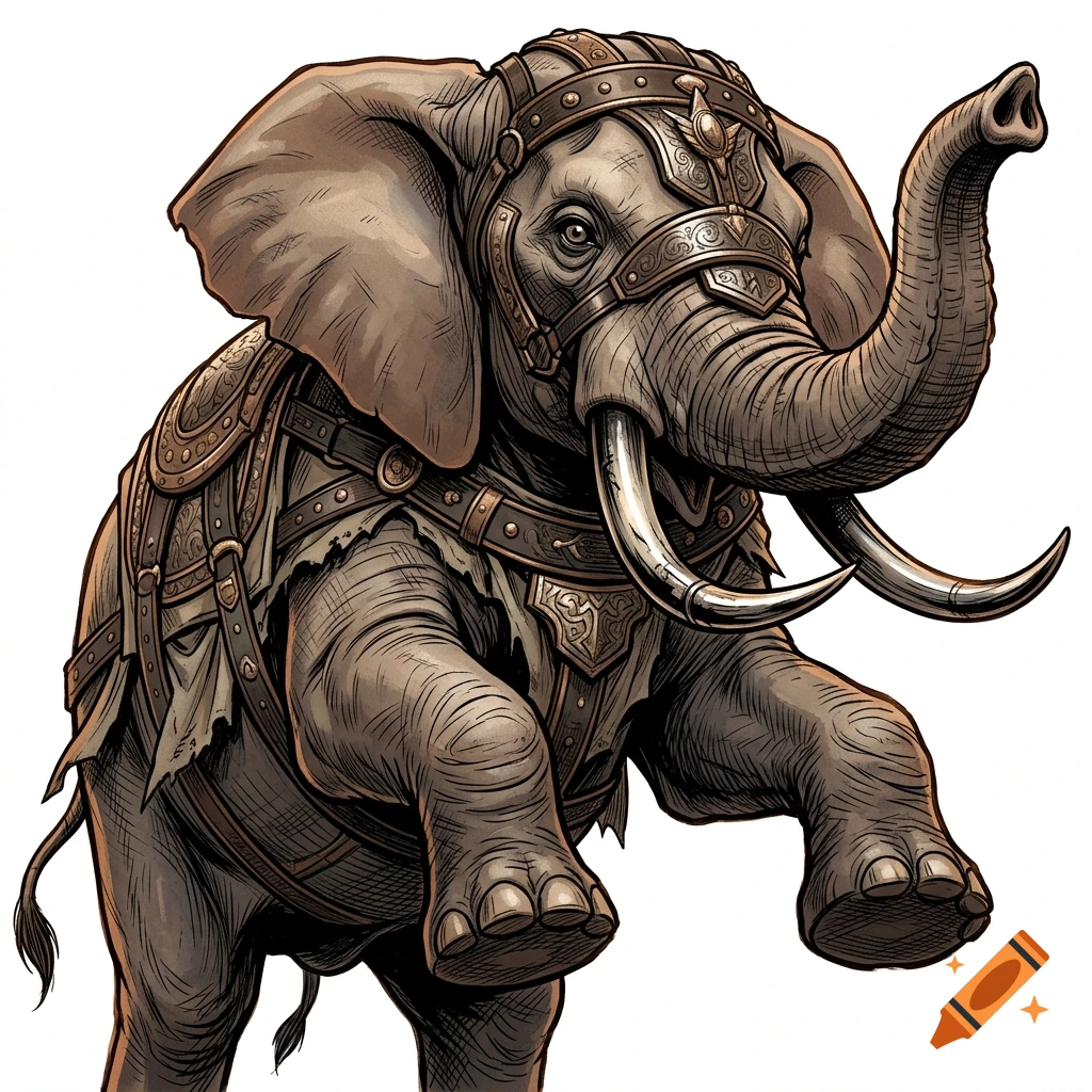 An armored elephant with large tusks raising its trunk.