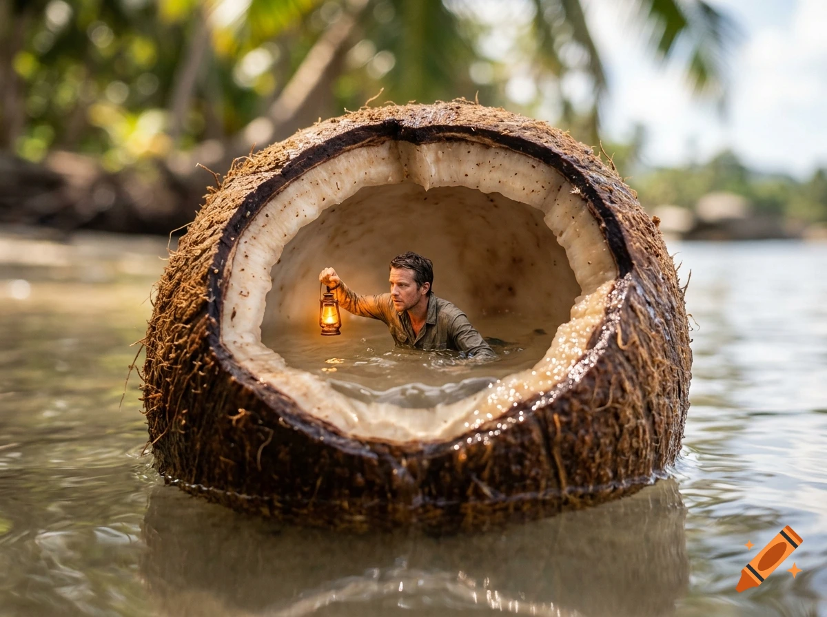 Photorealistic image of a tiny man swimming inside a hollowed-out coconut on water, holding a glowing lantern.