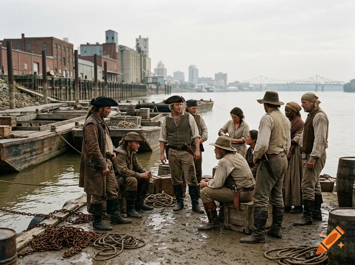 A group of 18th-century pirates and sailors gathered on a muddy river dock with boats and city buildings in the background, photorealistic style.