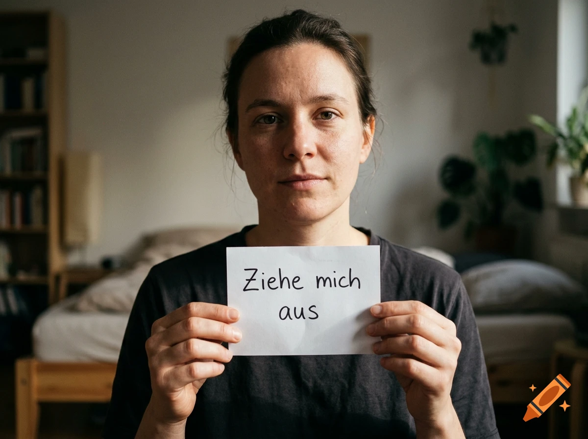 A person holding a small paper note with German text 'Ziehe mich aus' in a bedroom.