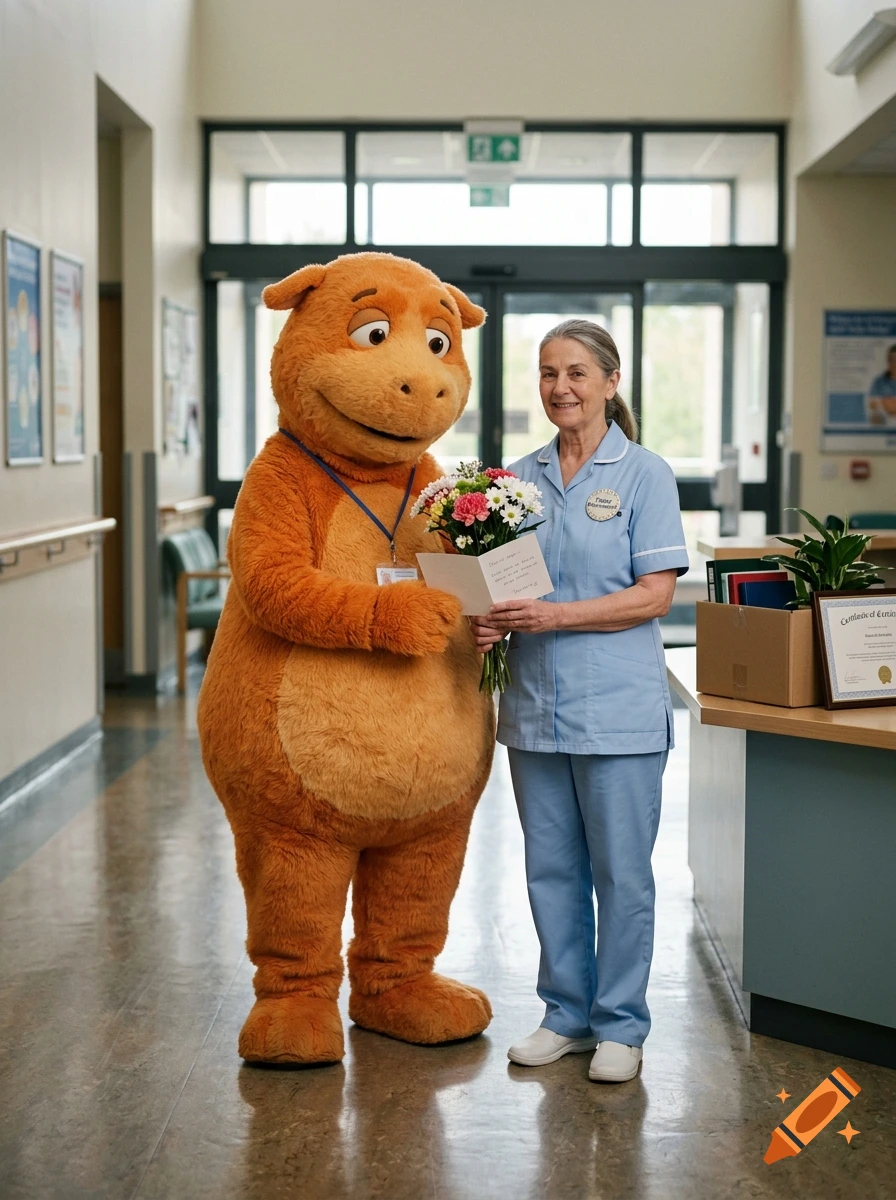 Casimir the orange mascot holding flowers and a card next to a nurse in a hospital hallway, photorealistic.