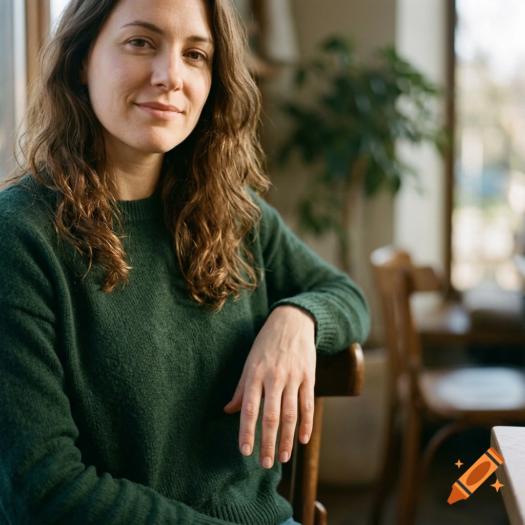 Photorealistic portrait of a woman with long wavy brown hair wearing a dark green sweater, sitting in a cafe.