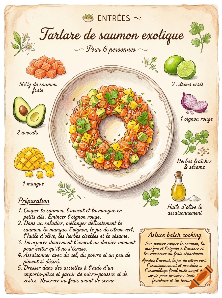 An illustrated recipe card in French for exotic salmon tartare, featuring a central drawing of the dish surrounded by ingredient illustrations like salmon, avocado, mango, lime, and red onion.