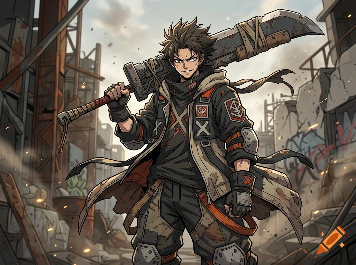 Anime style illustration of a fierce young man holding a large makeshift sword in a ruined industrial setting.