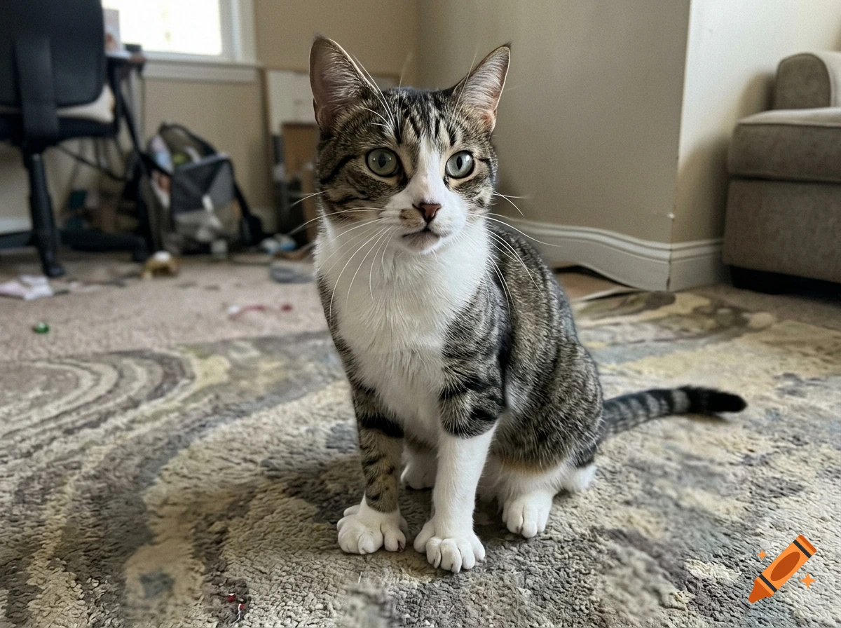 A tabby cat with polydactyl paws sitting on a patterned rug in a room.