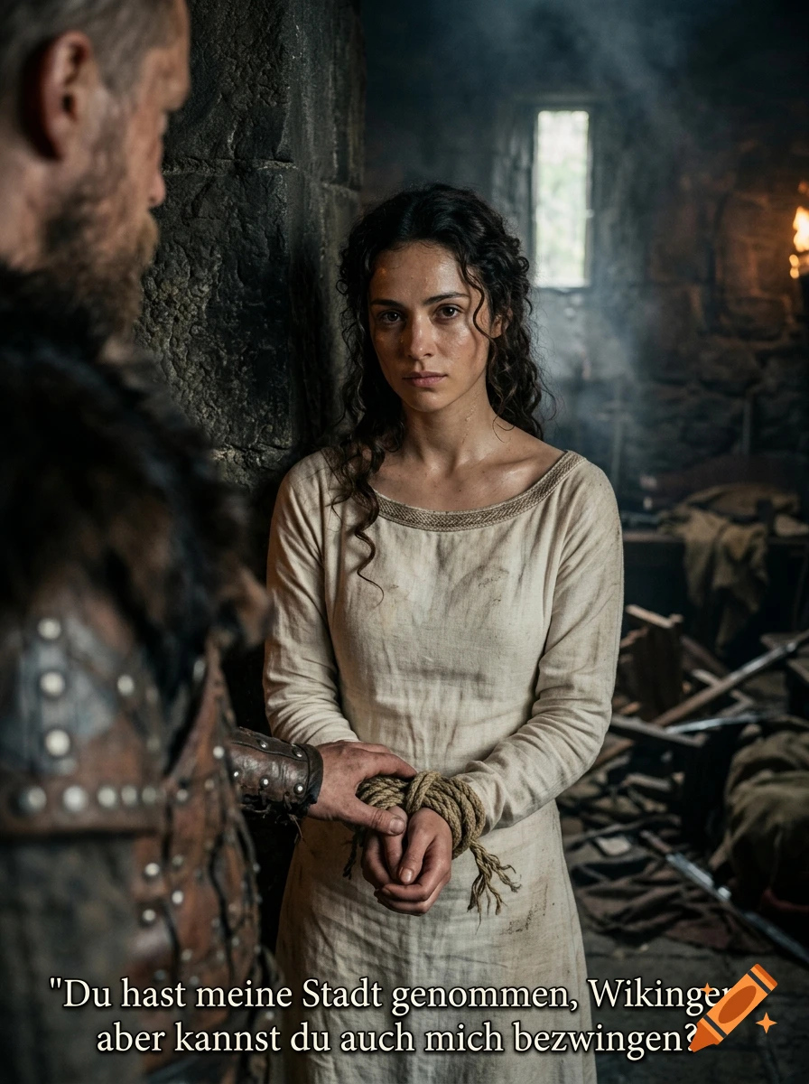 Photorealistic scene of a captured woman in a linen dress with her hands tied, talking to a viking warrior.