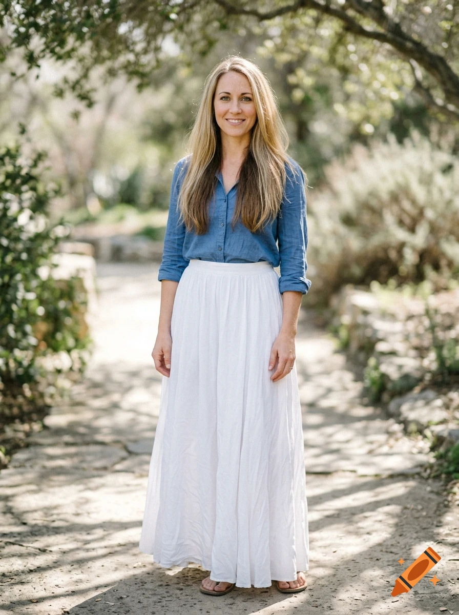 Photorealistic full-length portrait of a smiling woman with blonde and brown hair, green eyes, wearing a blue shirt and white skirt.