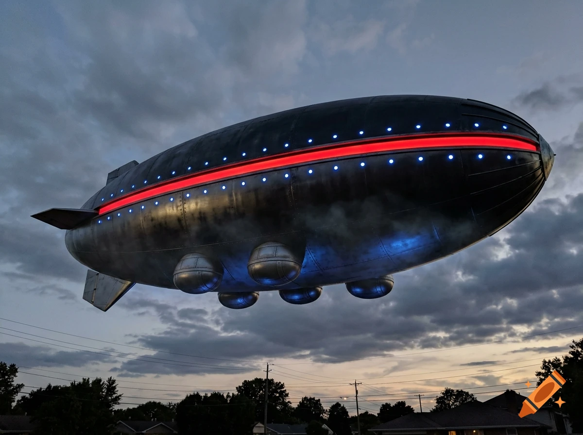 A large dark futuristic airship with glowing blue lights and a red horizontal stripe floating in the cloudy sky above rooftops.