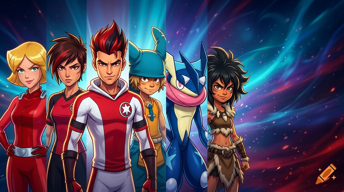 Digital illustration of six diverse animated characters standing in a row against a vibrant, swirling cosmic background.