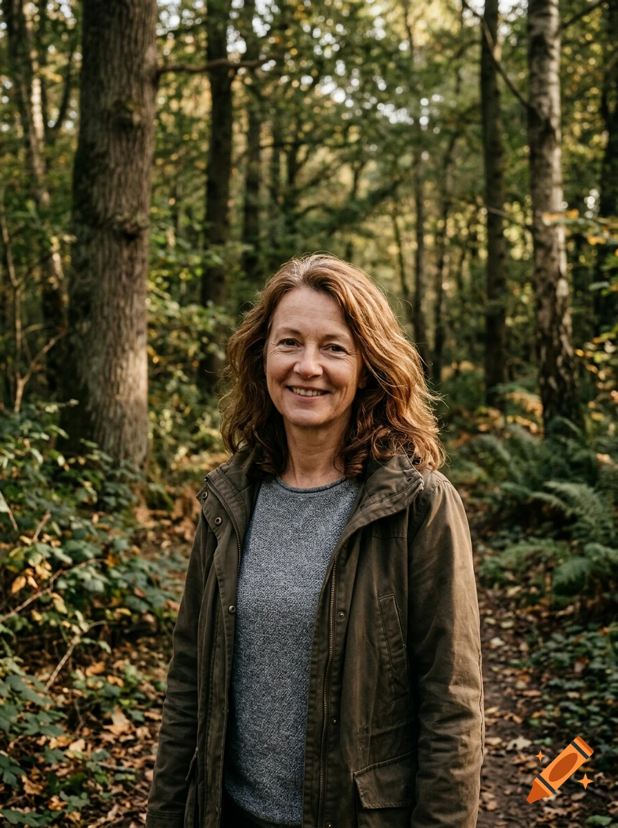 A woman with medium-length red hair, wearing a jacket and sweater, smiles while standing outdoors in a lush forest.