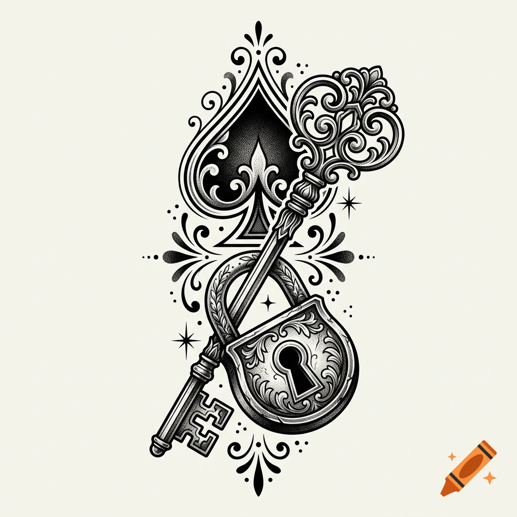 Black and grey stippling tattoo design featuring a padlock, a key, and an ace of spades.