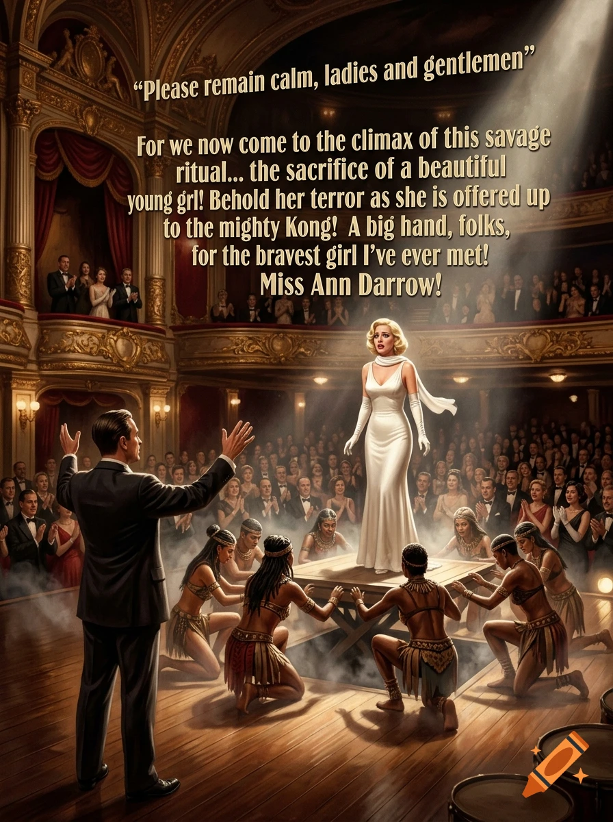 A man on a stage addresses a seated audience in a grand theater, while a woman in a white gown stands on a raised platform surrounded by kneeling dancers.