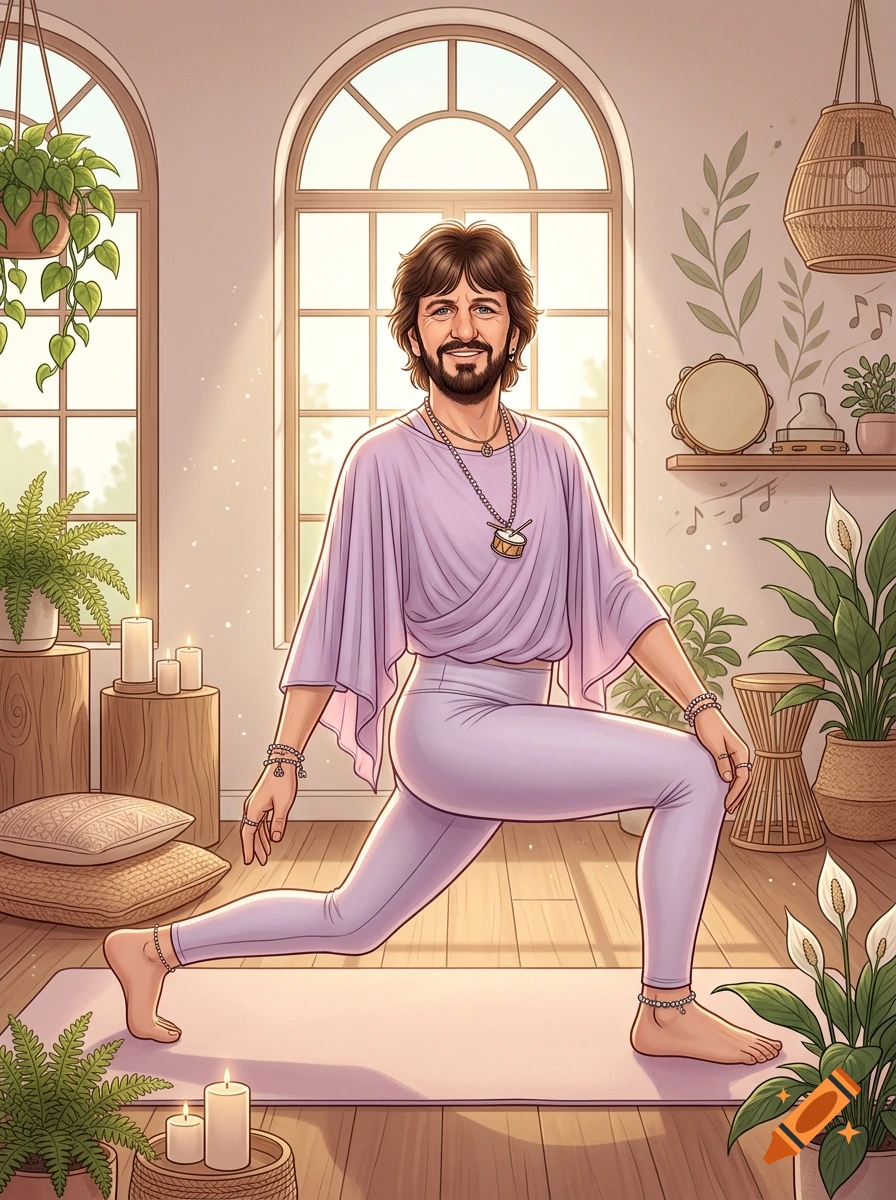 Digital illustration of Ringo Starr as a yoga instructor wearing a purple outfit in a sunlit room with plants.