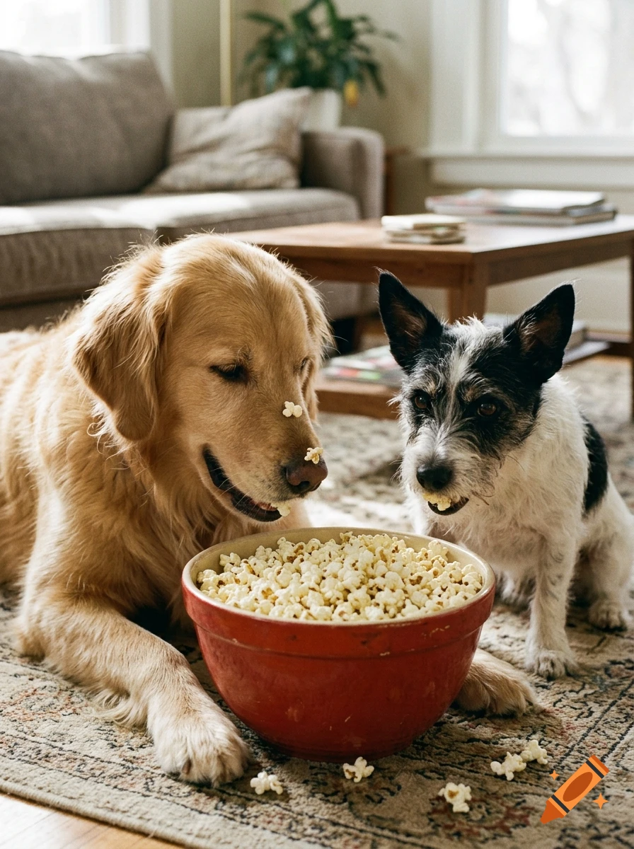 Photorealistic image of a golden retriever and a mixed-breed dog eating popcorn from a red bowl on a living room rug.