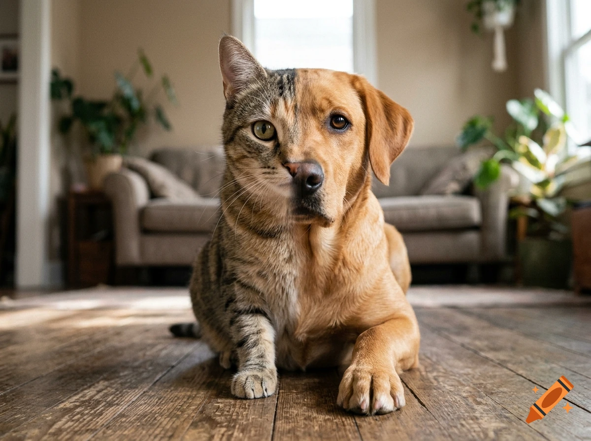 Photorealistic hybrid creature with the left half of a tabby cat and the right half of a golden retriever, lying on a wooden floor.